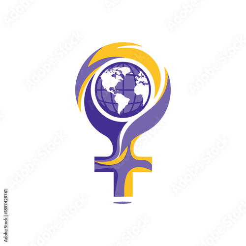 The Venus symbol encircles a globe on a white background with purple and gold.