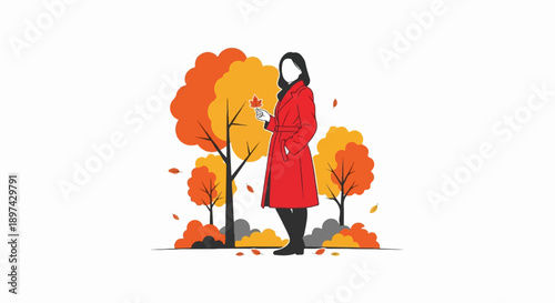 Woman in red coat with fall leaves and trees