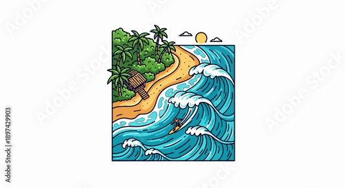 Surfer rides a massive wave near a tropical island with palm trees and a small hut