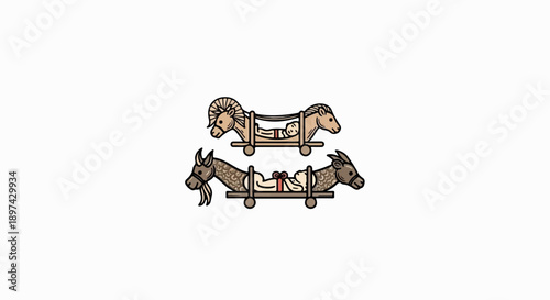 Two stylized animal figures, a ram and a goat, each carrying a baby on a wheeled cart