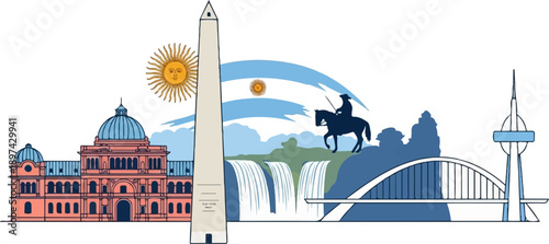 An artistic panorama featuring iconic landmarks, a sun, a flag, a lone horseman, and natural elements