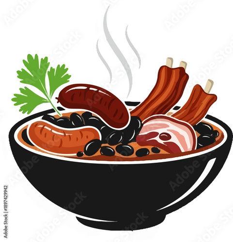 A steaming bowl brimming with black beans, sausages, ribs, bacon, and parsley