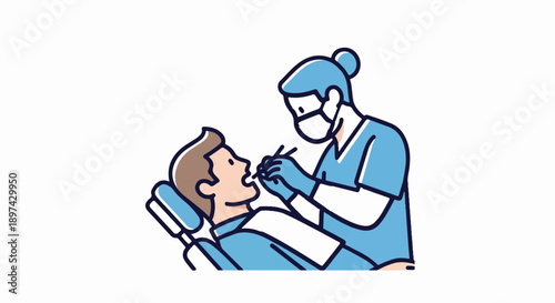 Dentist examining patient's teeth with dental instruments in a clinic setting, illustration