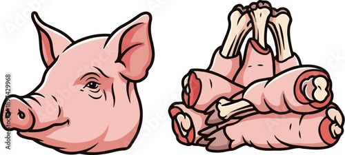 Cartoon pig's head and a pile of pig trotters