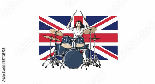 A drummer with sticks poised plays a drum kit against the backdrop of the Union Jack flag