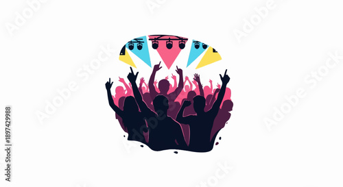 A crowd of silhouetted people with hands raised under colorful spotlights