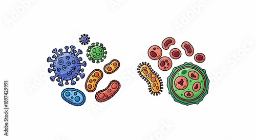 Colorful illustrations of various microscopic organisms including bacteria and viruses