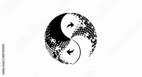 Dynamic circular graphic with yin-yang flow and contrasting dot patterns