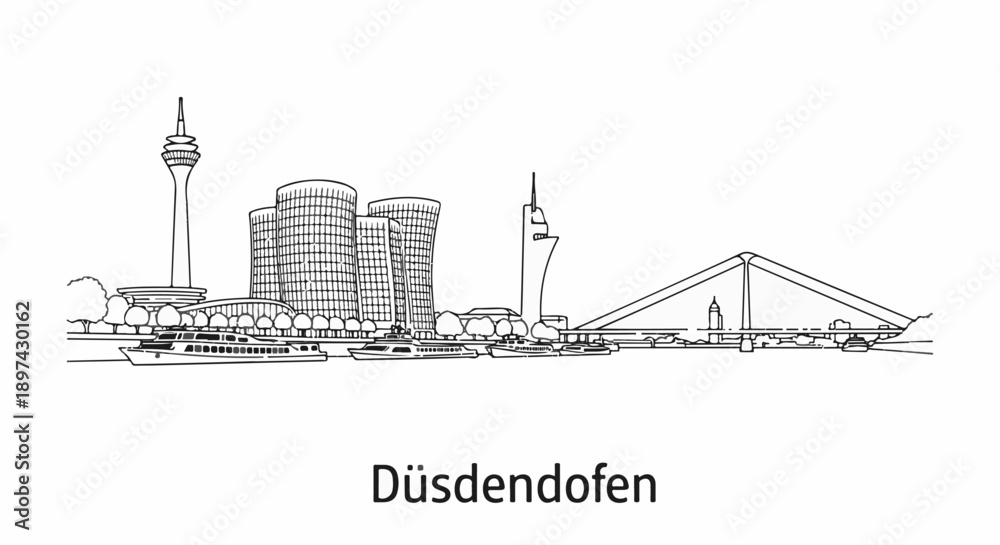 Fototapeta premium A black and white line drawing of a city skyline featuring a tall tower, modern buildings, and a bridge over a river with boats