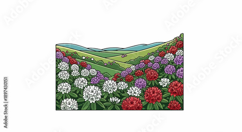 Lush field of colorful flowers with rolling green hills and blue water in the distance