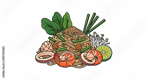 A colorful illustration of a noodle dish with shrimp, squid, lime, and greens