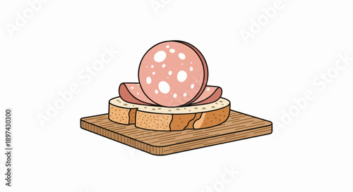 A slice of bread topped with several slices of pink, spotted meat, served on a wooden board