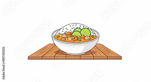 A delicious bowl of curry and rice, garnished with lime slices, served on a wooden platter