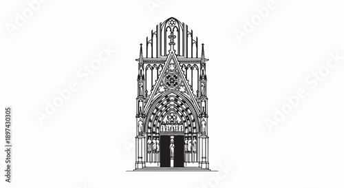 Ornate gothic cathedral entrance with intricate carvings and arched doorways, detailed in black and white