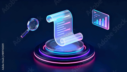 3D vector neon illustration of an information scroll icon, a magnifying glass, and a data chart on a multi-layered circular podium.