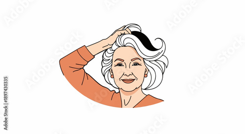 A woman with white hair and a black streak touches her hair with her right hand