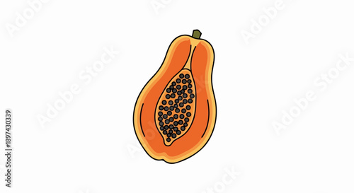 A cartoon illustration of a halved papaya fruit with black seeds