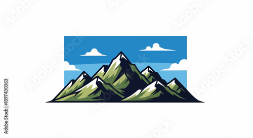 Stylized mountain range with snow-capped peaks under a blue sky with clouds