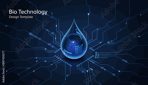 Biotechnology design template with a water droplet and circuit board on dark blue background