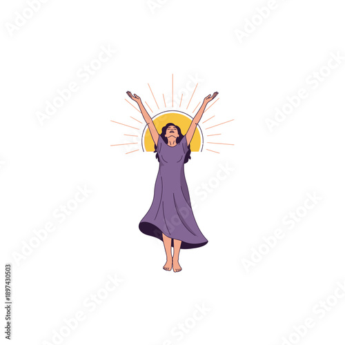 Woman in purple dress joyfully raises arms with sun behind her.