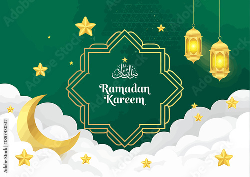 Ramadan Kareem celebration with lanterns and clouds and stars