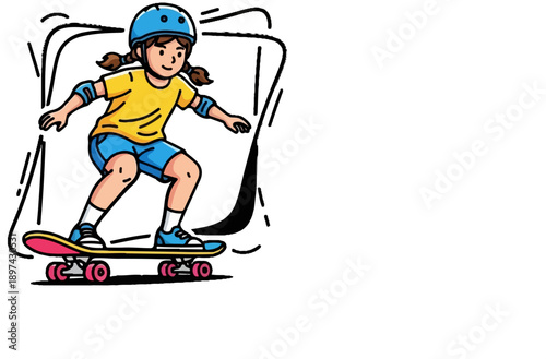 Cartoon girl in helmet and protective gear rides a skateboard, outdoors