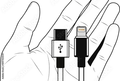 A hand holds two different types of electronic cables for charging devices