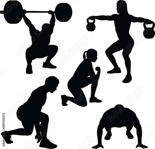 Fitness training silhouettes showing strength exercises with kettlebells and barbells, functional workout movements, athletic body poses, gym training concepts isolated on white background