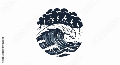 Powerful storm with crashing waves and lightning strikes