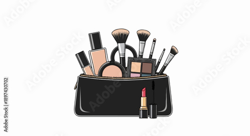 A black cosmetic bag overflowing with makeup, including brushes, foundation, and lipstick
