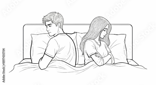 Couple in bed, backs turned, arms crossed, showing distress and distance
