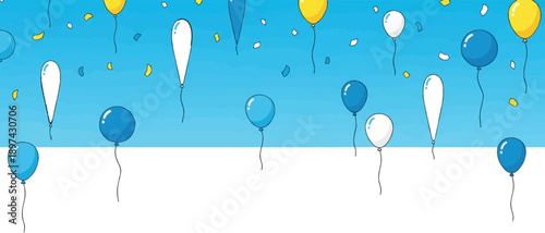 A festive collection of blue, white, and yellow balloons float against a gradient blue sky with scattered confetti