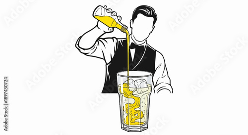 A person in a vest and bowtie pours a yellow liquid into a glass with ice
