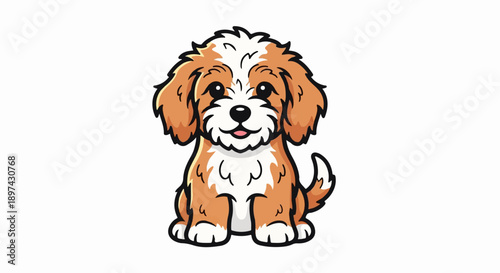 A cute cartoon dog with fluffy brown and white fur sits with its tongue sticking out slightly