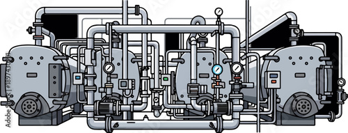 A complex industrial system of interconnected pipes, tanks, valves, and pressure gauges