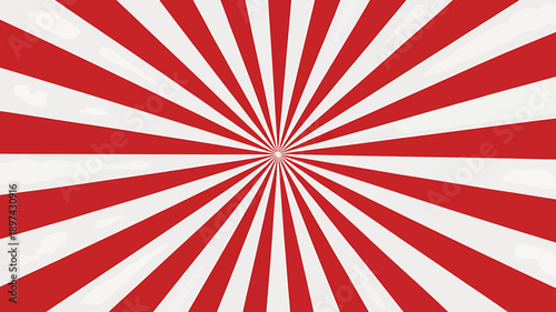 Red and white sunburst pattern with rays emanating from center point