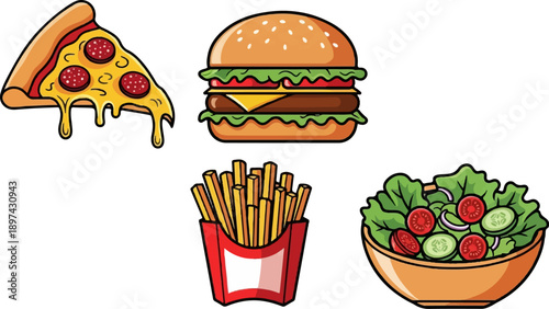 A cartoonish assortment of fast food a cheesy pizza slice, a juicy burger, crispy fries, and a fresh salad