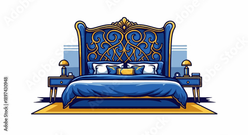 Ornate royal blue and gold bed with matching nightstands and lamps, soft white pillows