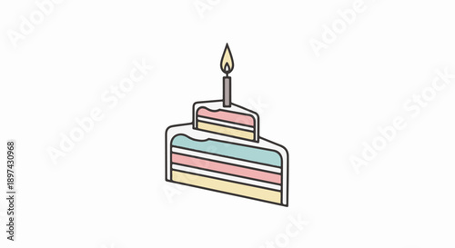 A stylized layered cake slice with a single lit candle on top