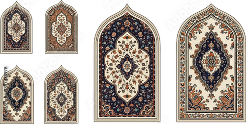 Intricate arch-shaped textile art featuring floral patterns and detailed borders in earthy tones