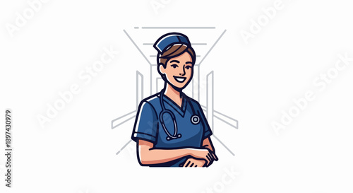 Friendly nurse in blue uniform with stethoscope and cap in hospital hallway