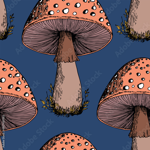 Seamless pattern with mushrooms. Hand drawn vector illustration. Vegan food menu. Poisonous and edible mushroom. Autumn mushroom picking, forest plant sketches.