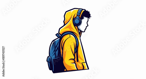 Young person with headphones and backpack, side profile, vibrant yellow hoodie