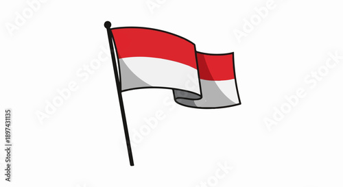 A simple, stylized depiction of a flag with red and white horizontal stripes, waving on a black pole