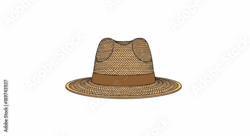 A woven straw hat with a brown band and a wide brim