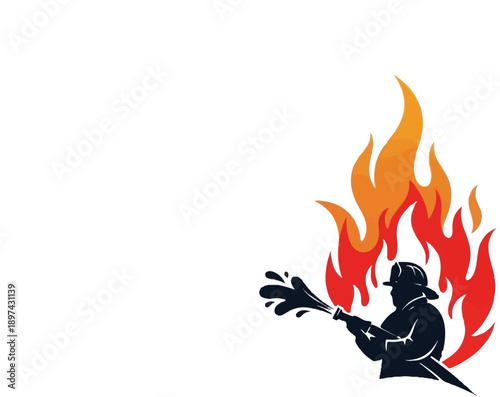 Silhouette of a firefighter spraying water on a large, vibrant fire