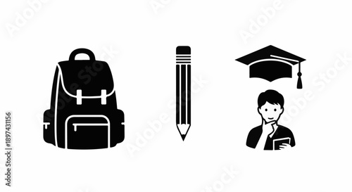 Icons representing a backpack, pencil, graduation cap, and thoughtful student holding a book