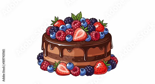 Decadent chocolate cake adorned with fresh strawberries, raspberries, blueberries, and blackberries