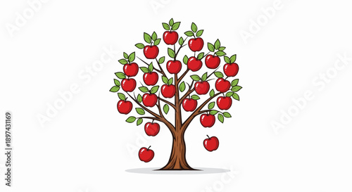 A cartoon apple tree laden with ripe red fruit, some leaves, and a few apples fallen below
