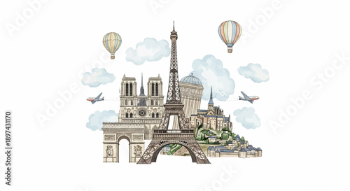 Watercolor collage of Parisian landmarks with hot air balloons and airplanes in sky